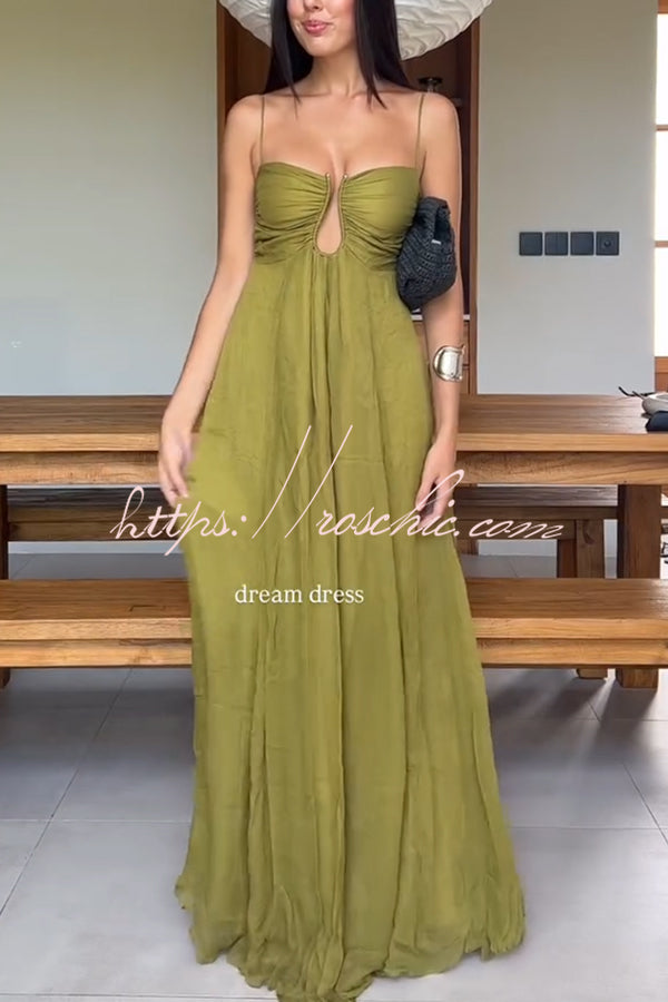 Soft and Elegant Metal Hollow Design Back Smocked A-line Slip Maxi Dress