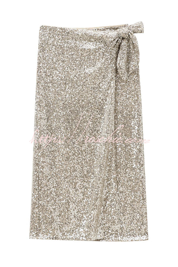 Crushing on You Sequin High Rise Wrap Tie-up Slit Midi Skirt