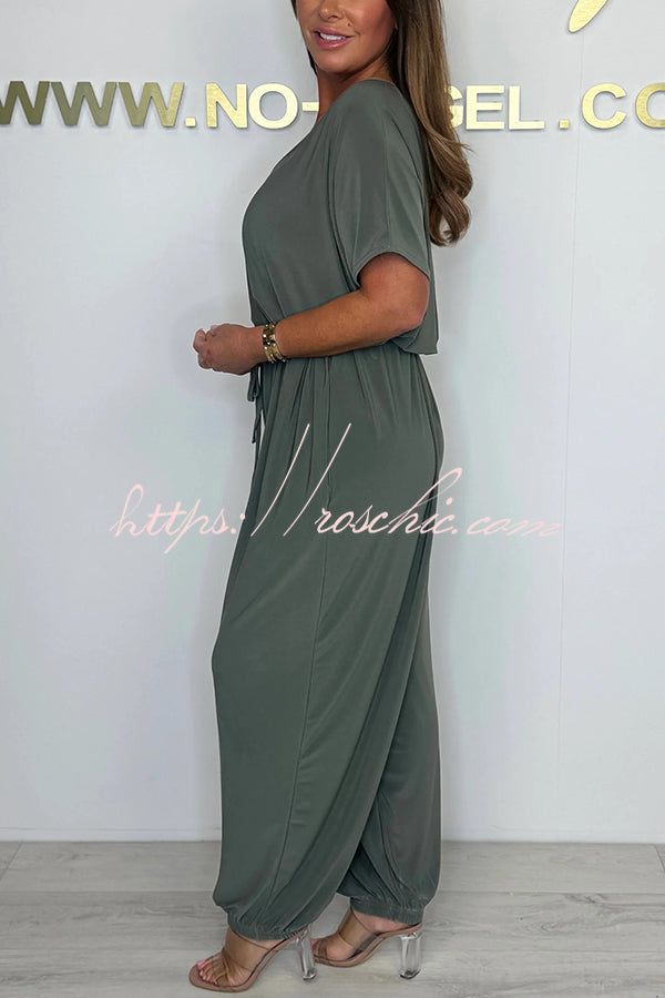 Solid Color V-neck Short-sleeved Waist-tied Loose Casual Jumpsuit