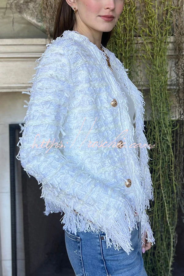 Solid Color Metal Button Long Sleeve Elegant Tassel Top