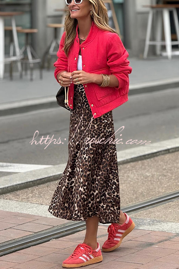 Coffee Time Leopard Print Elastic Waist Loose Midi Skirt