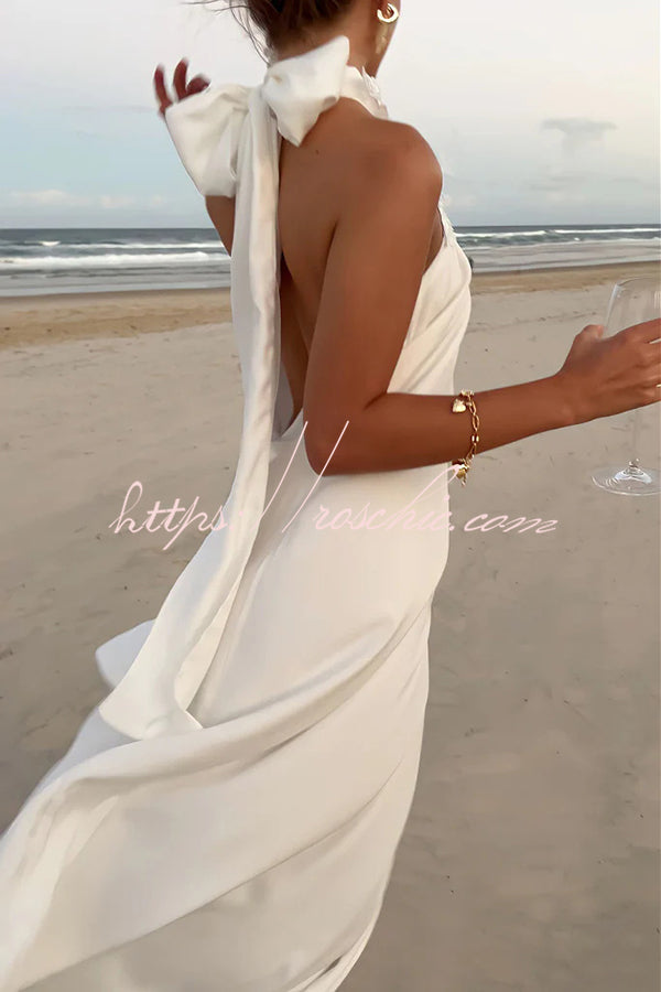 Floral Embellished Satin Halterneck Backless Resort Maxi Dress