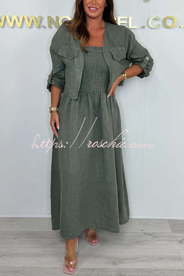 Solid Color Casual Short Jacket and Suspender Pleated Maxi Dress Set