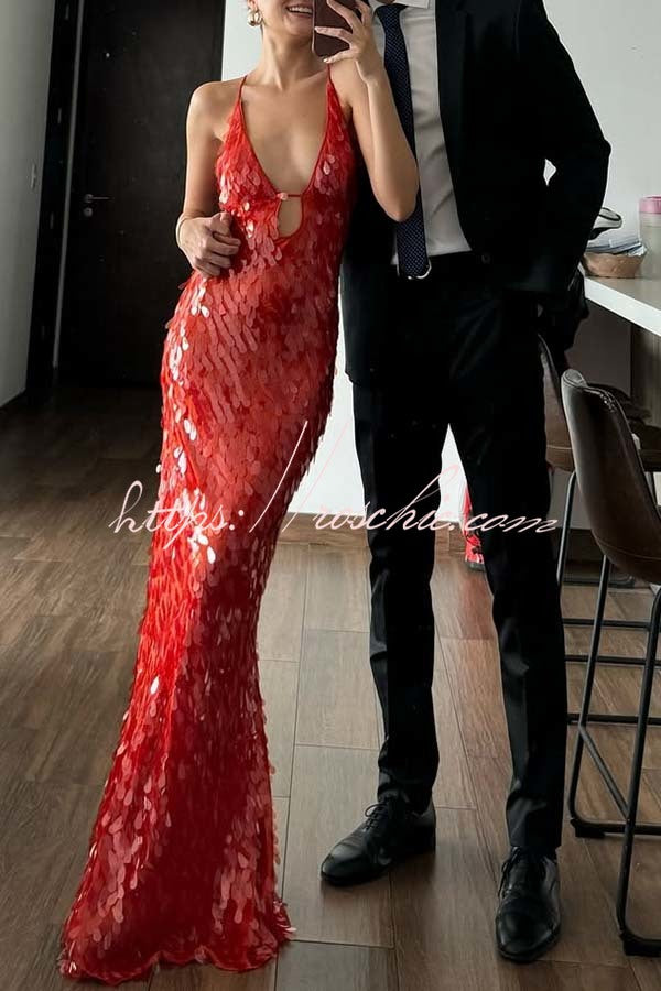 Reshape Beauty Fish Scale Sequin Cutout U-neck Slip Maxi Dress