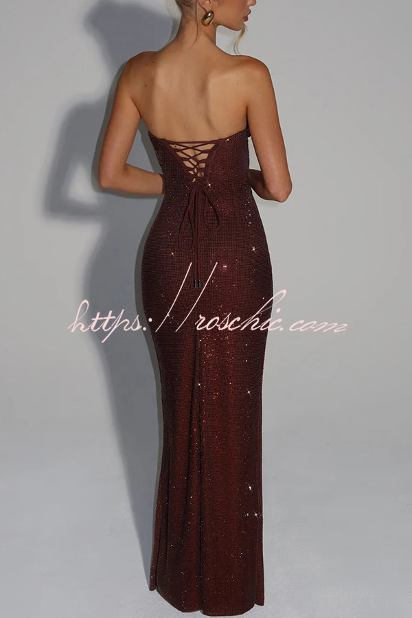 Mirabella Sequin Pleated Cowl Scooped Neckline Back Lace-up Strapless Maxi Dress