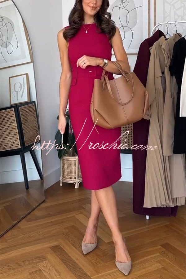 Feel Formal Belted Tailored Stretch Pencil Midi Dress