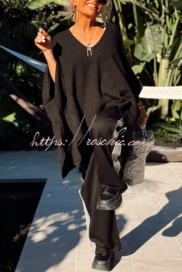 Fashion V-neck Loose Pocket Mid-length Knitted Sweater