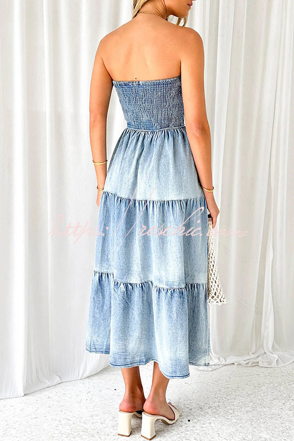 Asmn Off Shoulder Pleated Pocket Paneled Denim Maxi Dress