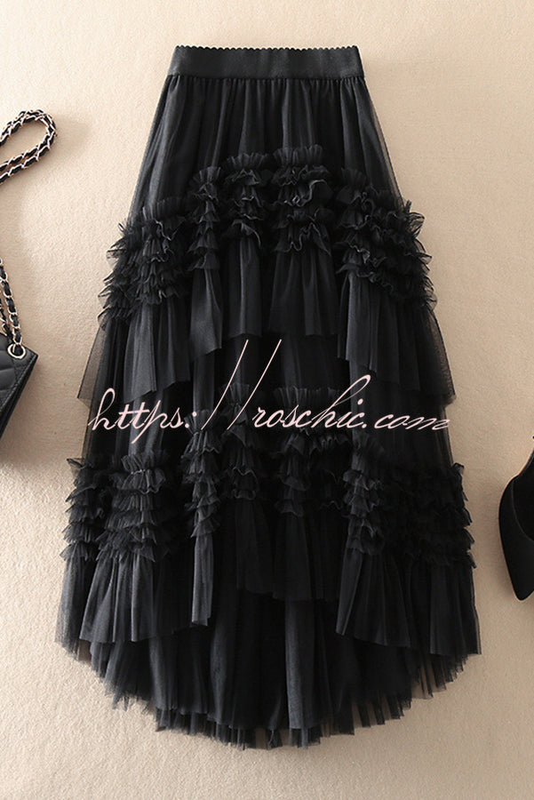 Elegant Mood Tulle Pleated Ruffle Elastic Waist Tiered Midi Skirt