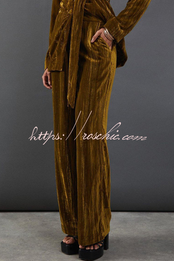 Solid Color Velvet Long-sleeved Waist Tie Top and Elastic Waist Casual Pocket Straight-leg Pants Set