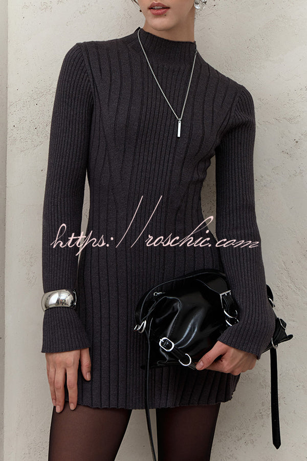 Solid Color Long-sleeved Slim-fit Elegant Knitted Mini Dress