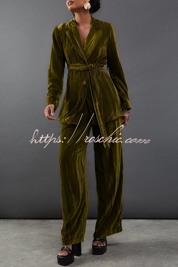 Solid Color Velvet Long-sleeved Waist Tie Top and Elastic Waist Casual Pocket Straight-leg Pants Set