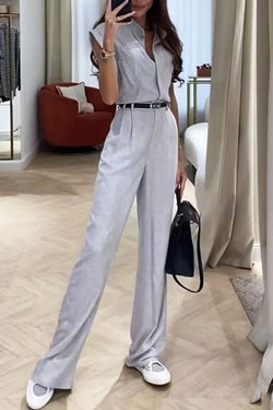 Stylish Sleeveless Button-down Top and Pocket Straight-leg Pants Set