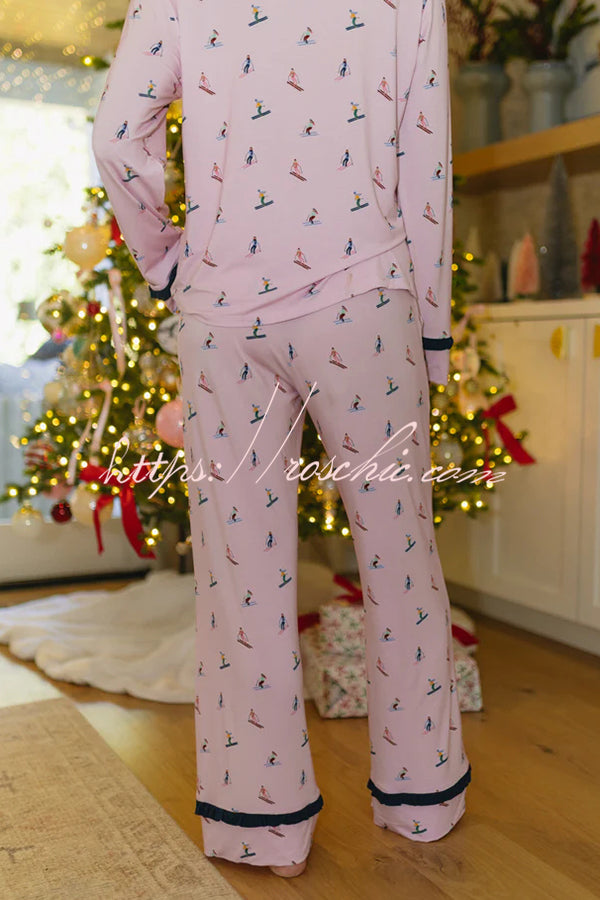 Postcards To Santa Unique Print Ruffles Trim Pocket Shirt and Elastic Waist Pajama Set