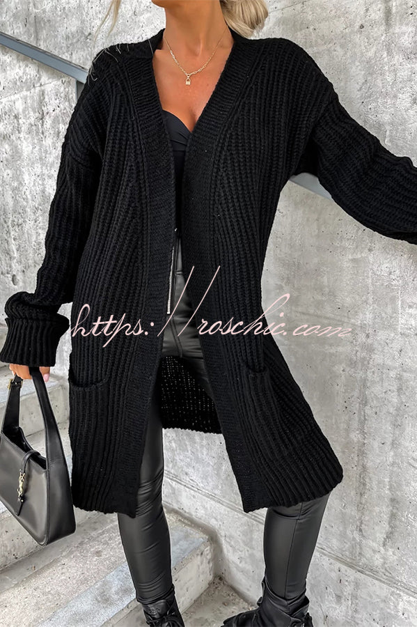 Solid Color Striped Pocket Long Sleeve Cardigan