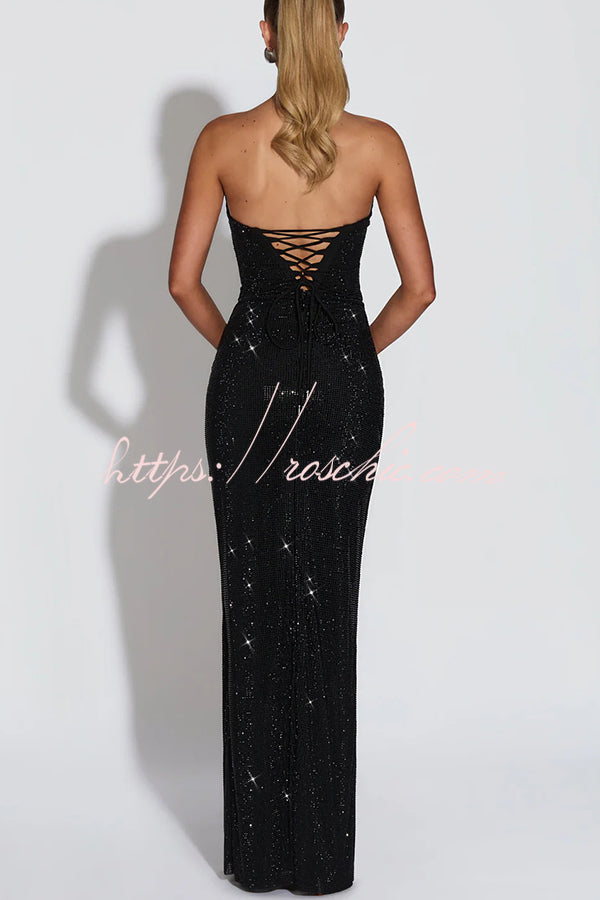 Mirabella Sequin Pleated Cowl Scooped Neckline Back Lace-up Strapless Maxi Dress