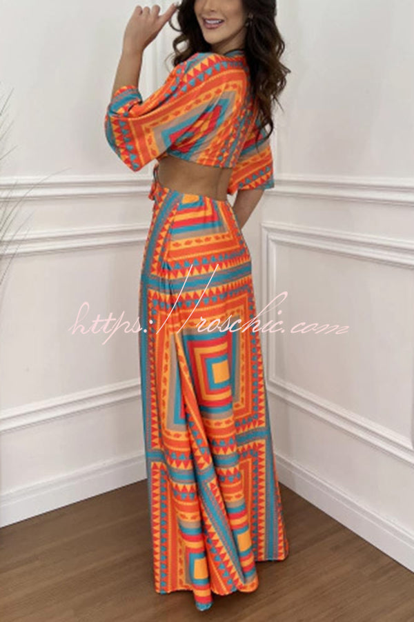 Wilma Unique Print Cutout Elastic Waist Tie-up Kimono Sleeve Maxi Dress