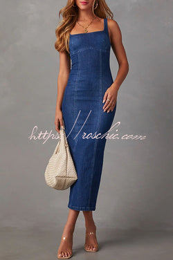 Warren Suspender Back Zipper Denim Maxi Dress