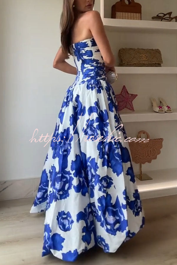 Elegant Blue And White Cocktail Dresses Corset Dress Midi Dress Heather  Floral Dress Perfect Moment Floral Off Shoulder Ruched Bodice Drape Bubble