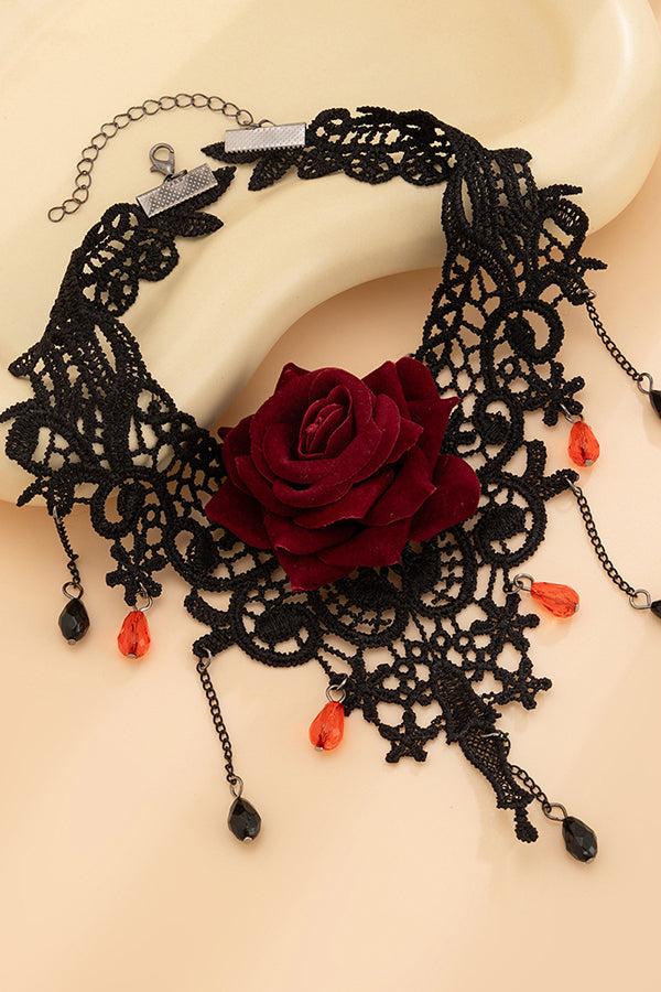 Halloween Vintage Rose Lace Drop Pendant Necklace