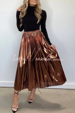 Yuletide Glow  Metallic Fabric Pleated Elastic Waist Midi Skirt