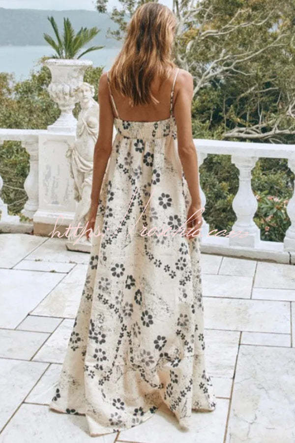 Linen Blend Floral Print Strappy Full-hem Backless Maxi Dress