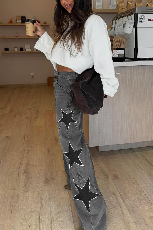 Jessy Denim Mid Rise Side Star Pattern Pocket Wide Leg Jeans (Shipped Within 24 Hours)