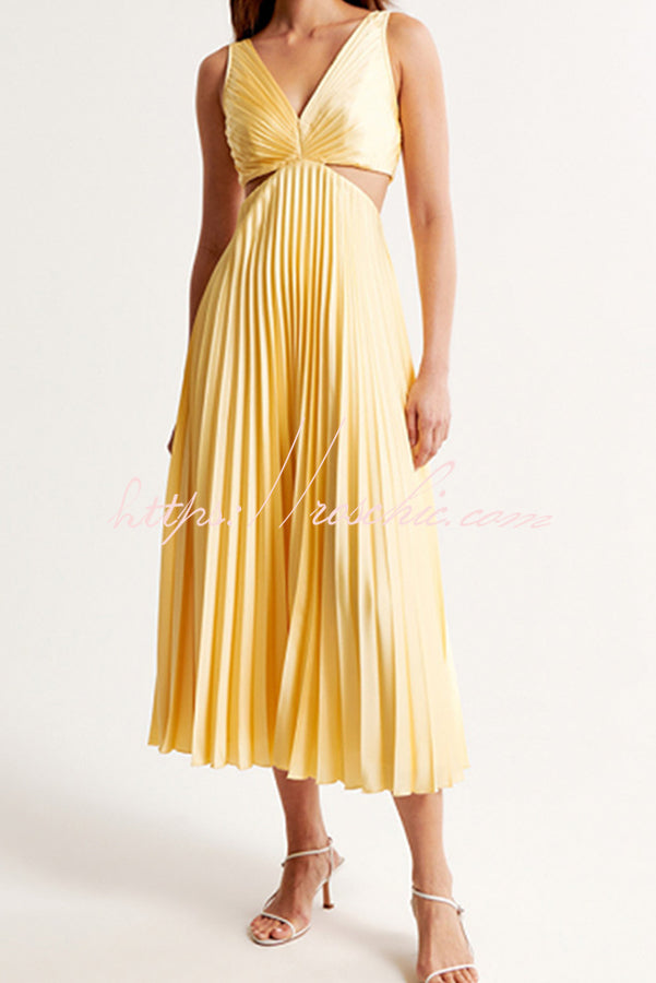 Summer Social Stain Pleated Cutout Waist Loose Midi Dress