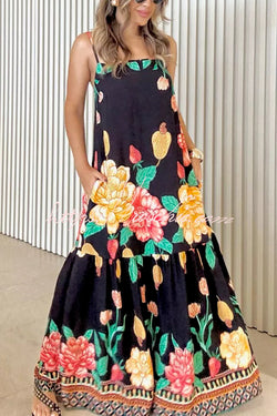 Floral Print Halter Back Loose Pocket Full Hem Maxi Dress