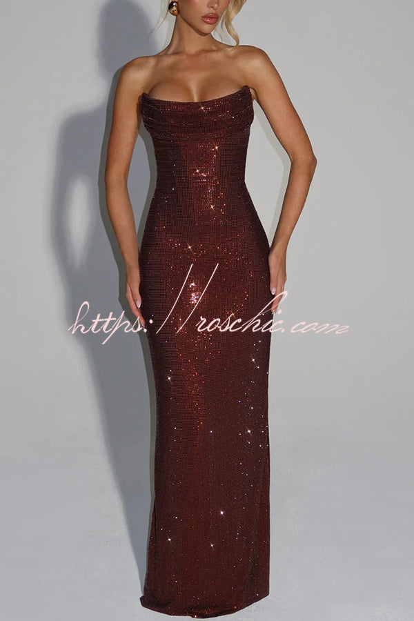 Mirabella Sequin Pleated Cowl Scooped Neckline Back Lace-up Strapless Maxi Dress