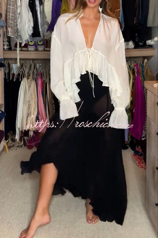 Boho Forever Chiffon Ruffles Balloon Sleeve Tie-up Blouse