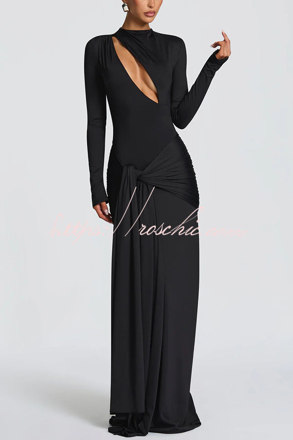 Sexy Cutout Fitted Long-sleeved Pleated Satin Ribbon Maxi Dresses