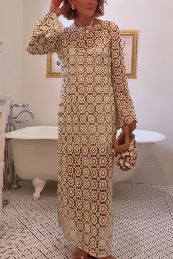 Summer Fashion Floral Crochet Cutout Fabric Long Sleeve Slit Vacation Midi Dress Summer Fashion Floral Crochet Cutout Fabric Long Sleeve Slit Vacation Midi Dress