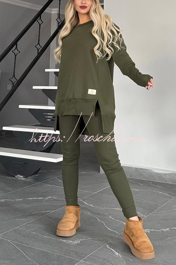 Solid Color Crew Neck Long Sleeve Top and Casual Stretch Pants Set