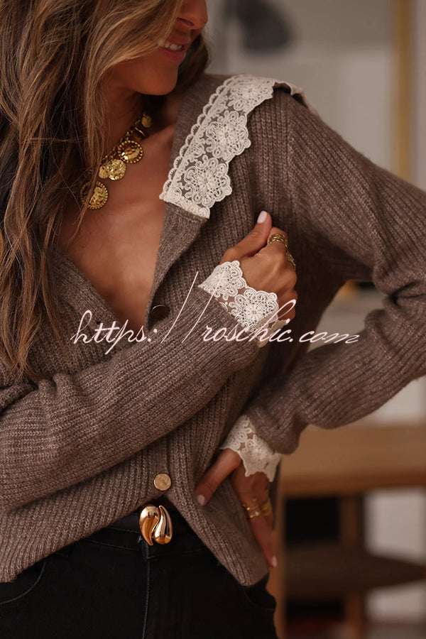 Fashionable Lace-trimmed Sailor Collar Casual Knit Cardigan