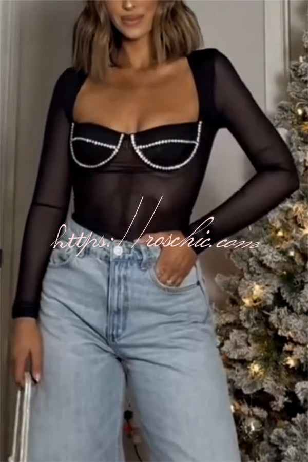 Happy Sexy Friday Mesh Diamante Long Sleeve Stretch Bodysuit