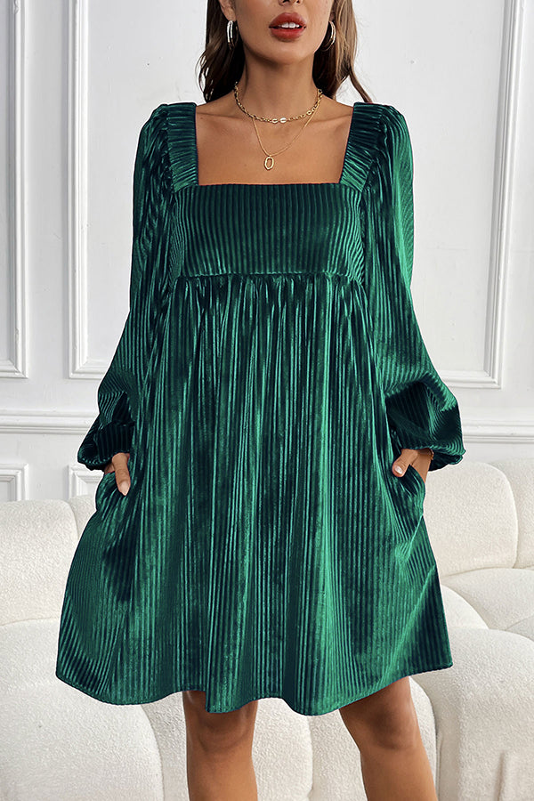Solid Color Velvet Square Neck Long Sleeve Pocket Casual Mini Dress