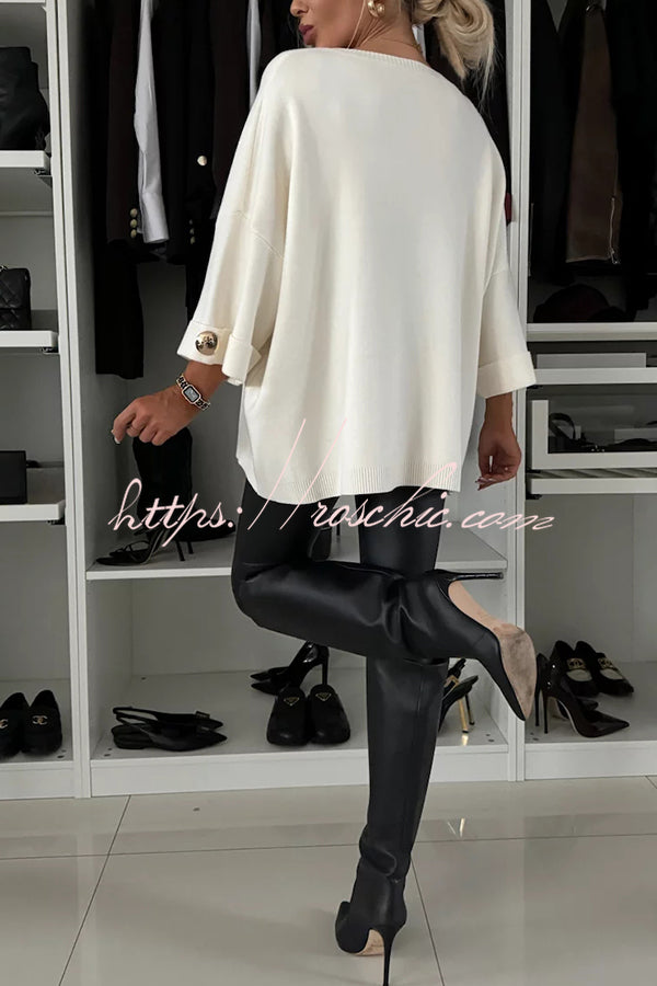 Elegance and Modern Knit Button Detail Half Sleeve Loose Sweater