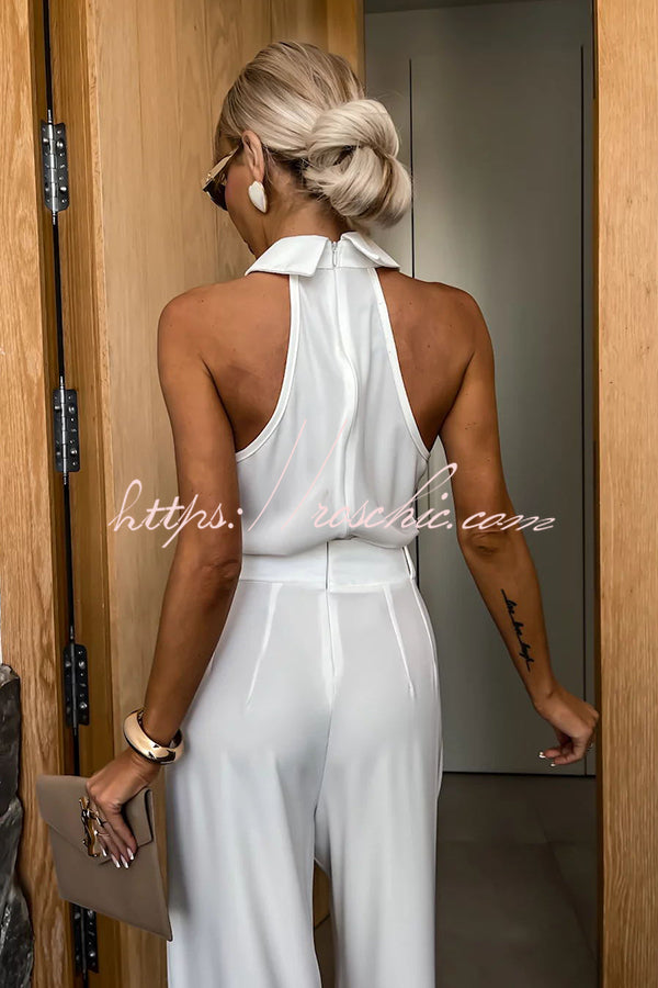 Fashionable Unique Look Halter Shirt Collar Pocketed Wide Leg Jumpsuit