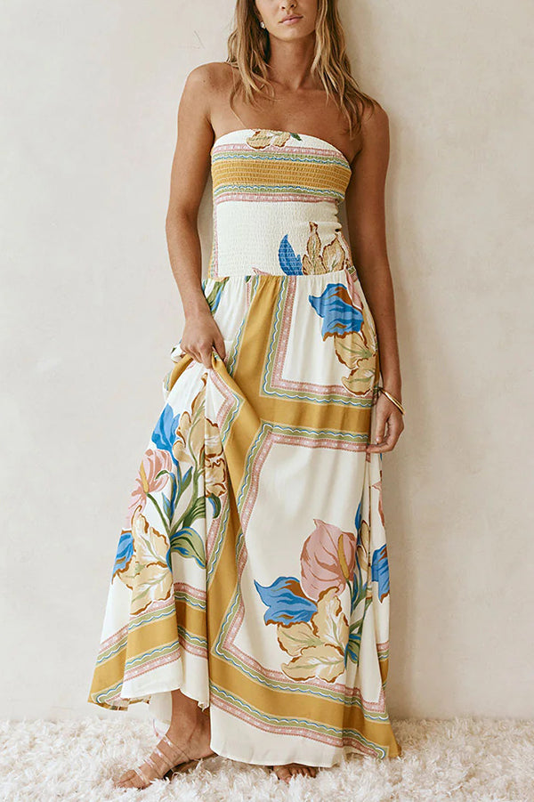 Linen Blend Unique Print Off-The-Shoulder Pleated Resort Maxi Dress