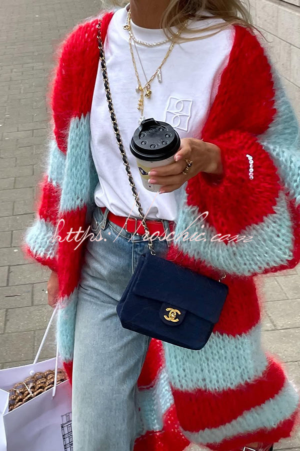 Fashionable Contrast Stripes Lazy Style Loose Long Knitted Cardigan
