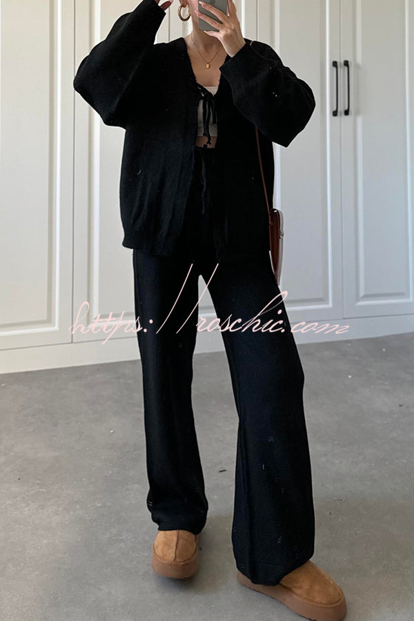 Solid Color V-neck Tie Long-sleeved Loose Knit Cardigan and Elastic Waist Casual Straight Leg Pants Set