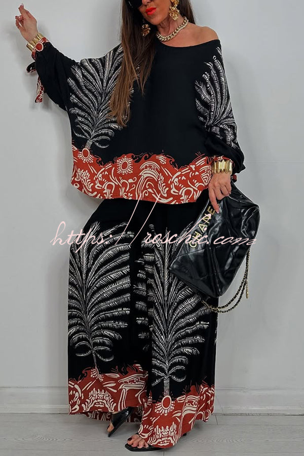 Unique Print Loose Drawstring Long Sleeve Top and Elastic Waist Casual Pocket Wide Leg Pants Set