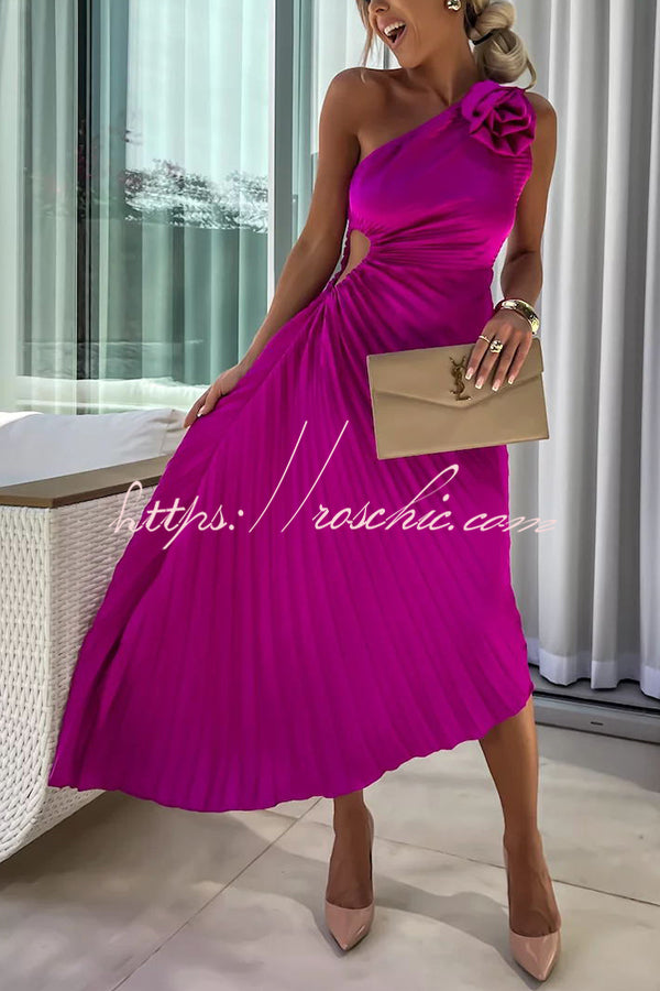 Romantic Nights Satin Raised Flower Elastic Cutout One Shoulder Pleated Maxi Dress