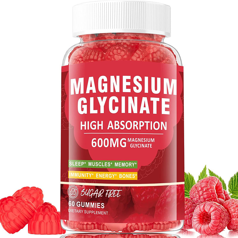 Magnesium Glycinate Gummies 600mg, Zzz & Relaxation, High Absorption, Raspberry Flavor, 60 Count, Supports Muscles, Bones & Energy, Vegan, Sugar Free