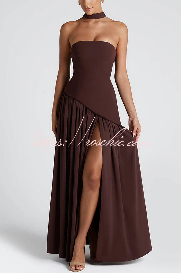Elegant Off Shopulder Chiffon Pleated Hem Scarf Slit Maxi Dress