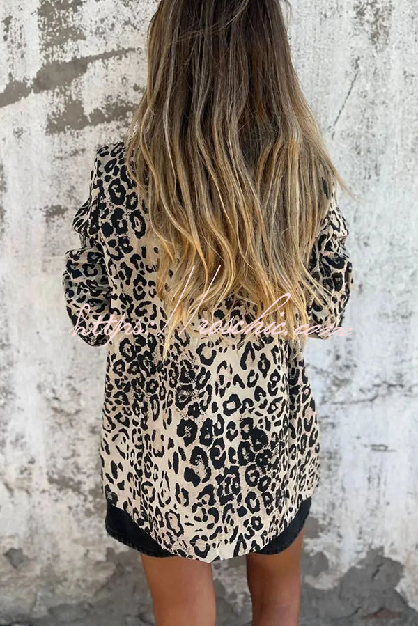 Leopard Print Lapel Long Sleeve Casual Blazer