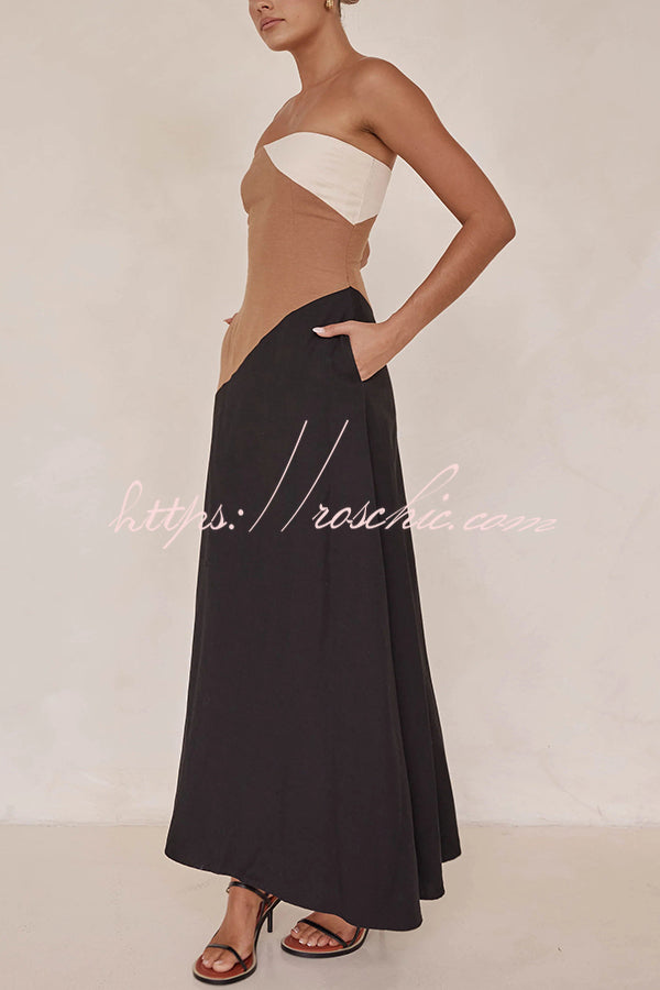 Calissa Asymmetrical Colour Block Strapless Pocketed A-line Maxi Dress