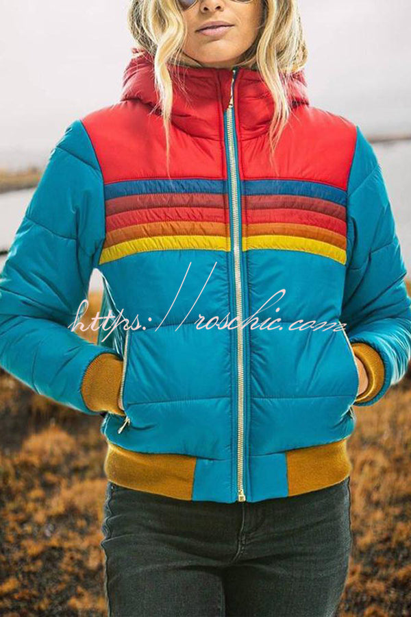 Winter Casual Patchwork Zippered Hooded Pocket Long Sleeved Coat