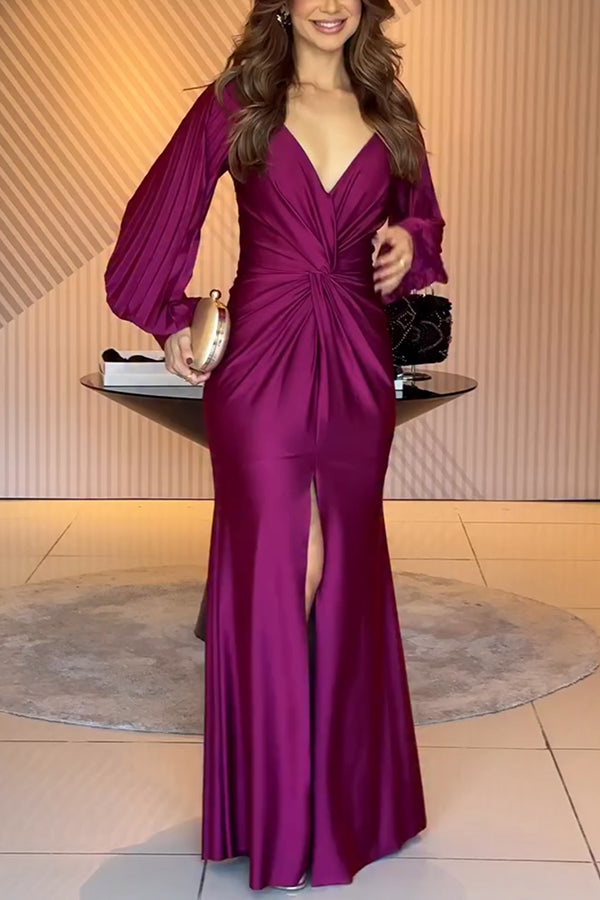 long balloon sleeve maxi dress Minimalist Sparkling Sequin V-neck Long Balloon Sleeve Slit Party Maxi Dress